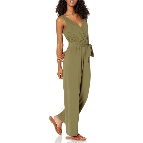 Plus Size Olive Green Sleeveless Wide-Leg Jumpsuit With Waist Tie - Picture 5 of 5